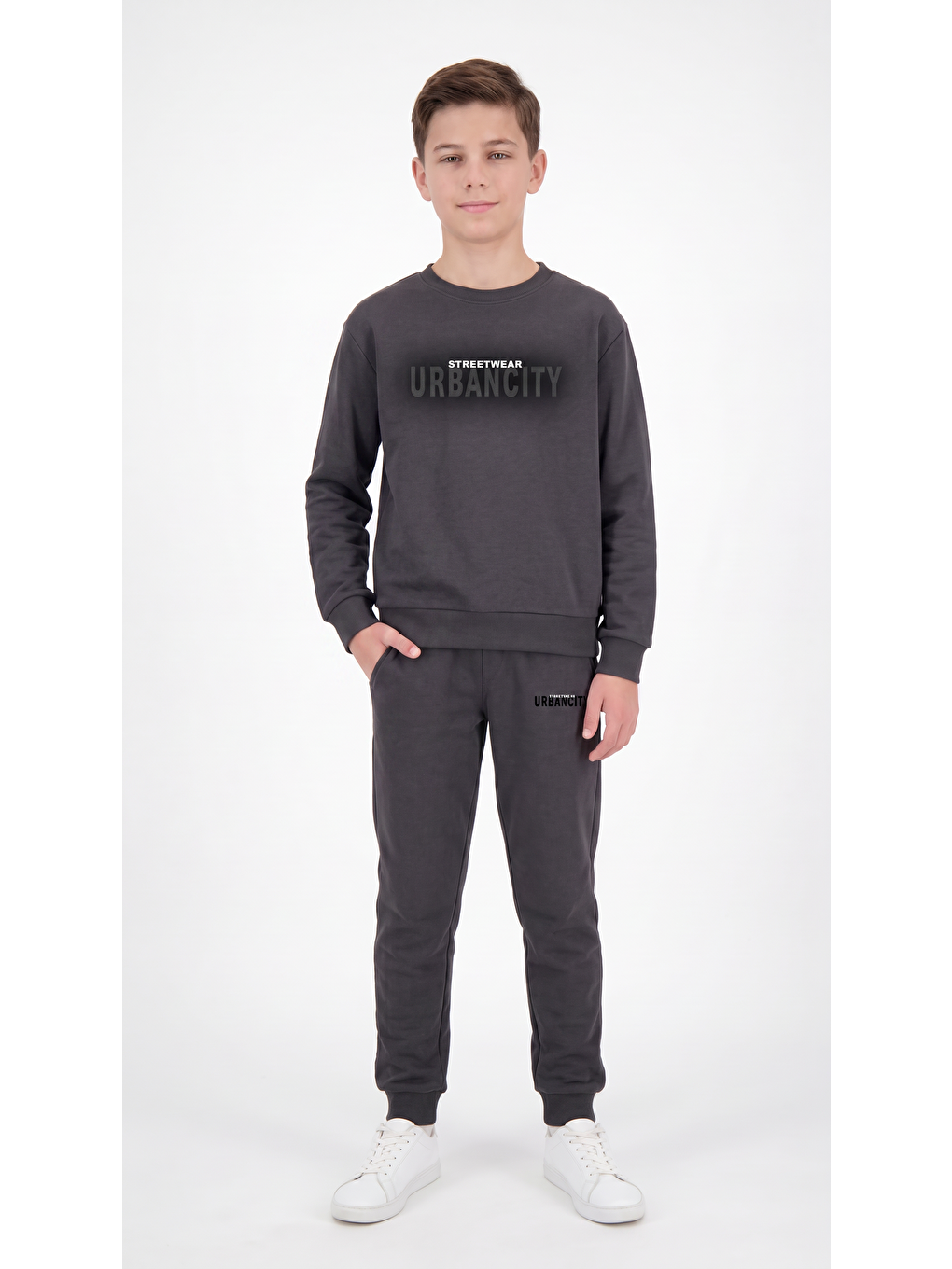 Gri Streetwear Urbancity Baskılı Erkek Çocuk Alt Üst Eşofman Takımı-3