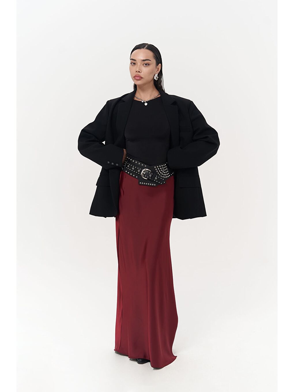 Cecil Yırtmaç Detay Bordo Saten Etek-6