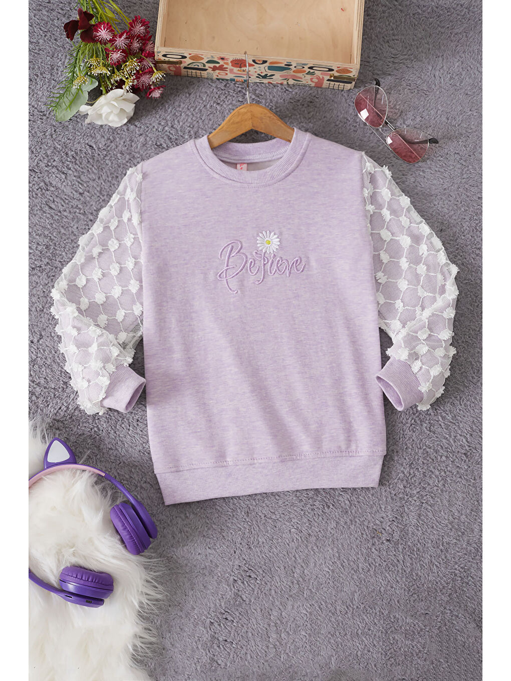 Pembe Life Kids Club Lila Papatya Nakışlı Kolları Dantelli Kız Çocuk Sweatshirt 17168