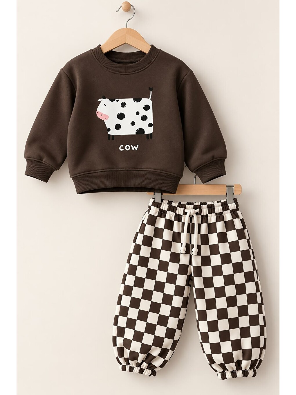 Kahverengi Çocuk 2'li Sweatshirt Eşofman Altı Takım Rahat Kesim Günlük Kombin 12936