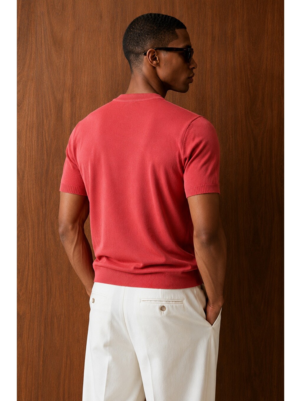 Kırmızı Erkek Bisiklet Yaka Kısa Kollu İnce Triko Slim Fit Günlük Triko Tişört-2
