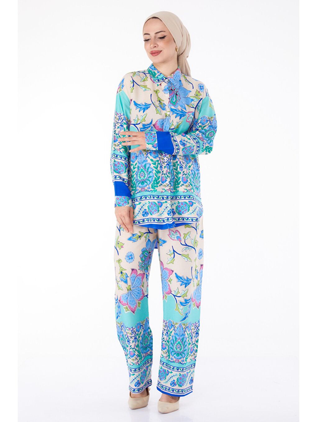 Gömlek Yaka Kadın Mavi Desenli Tunik Pantolon- 25604