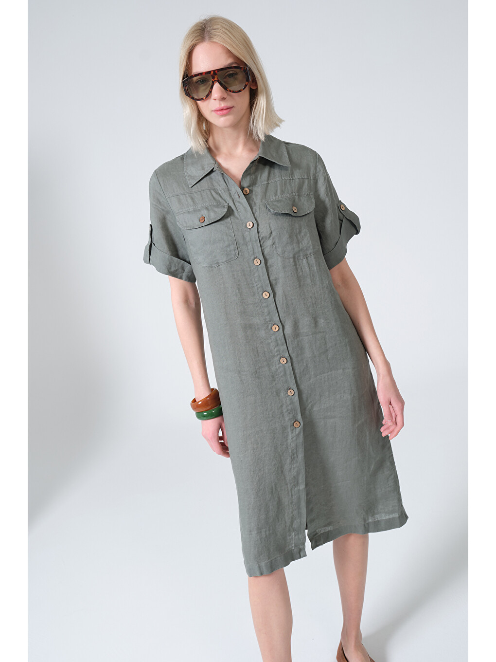 Haki %100 Keten İşlevsel boydan düğmeli, çift cepli, dokuma kadın gömlek elbise @Sonya-2