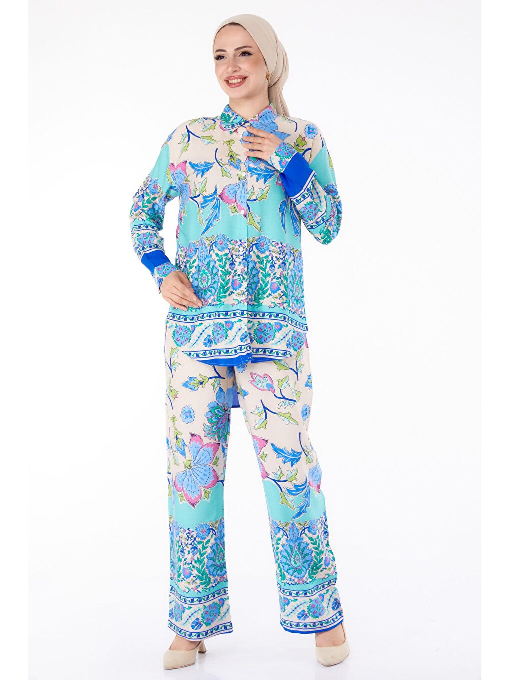 Gömlek Yaka Kadın Mavi Desenli Tunik Pantolon- 25604-1