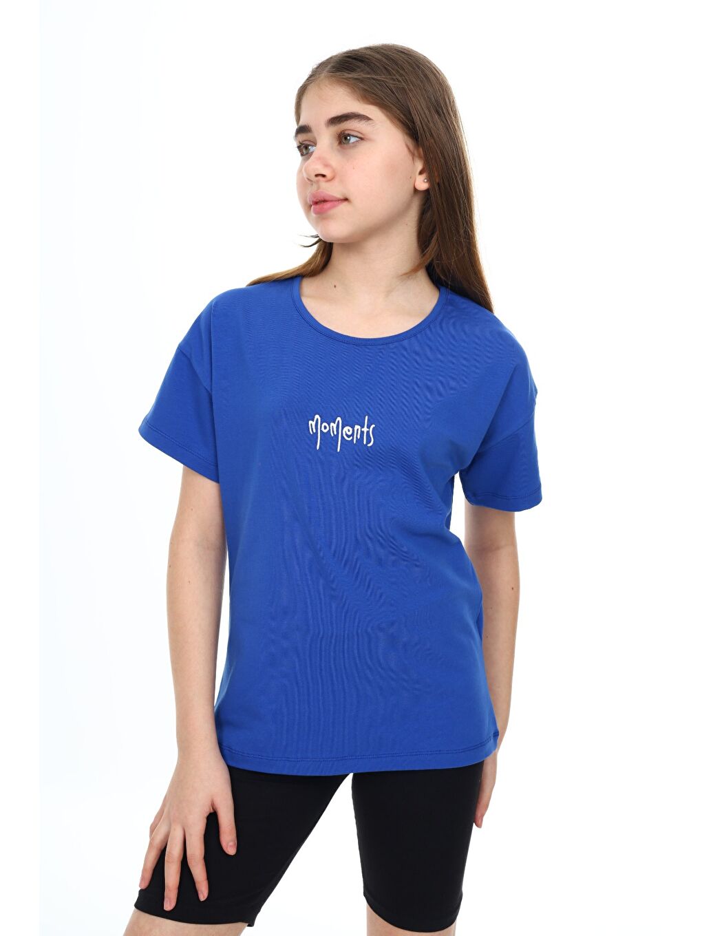 Mavi Kız Çocuk Baskılı Bisiklet Yaka Kısa Kollu Tişört