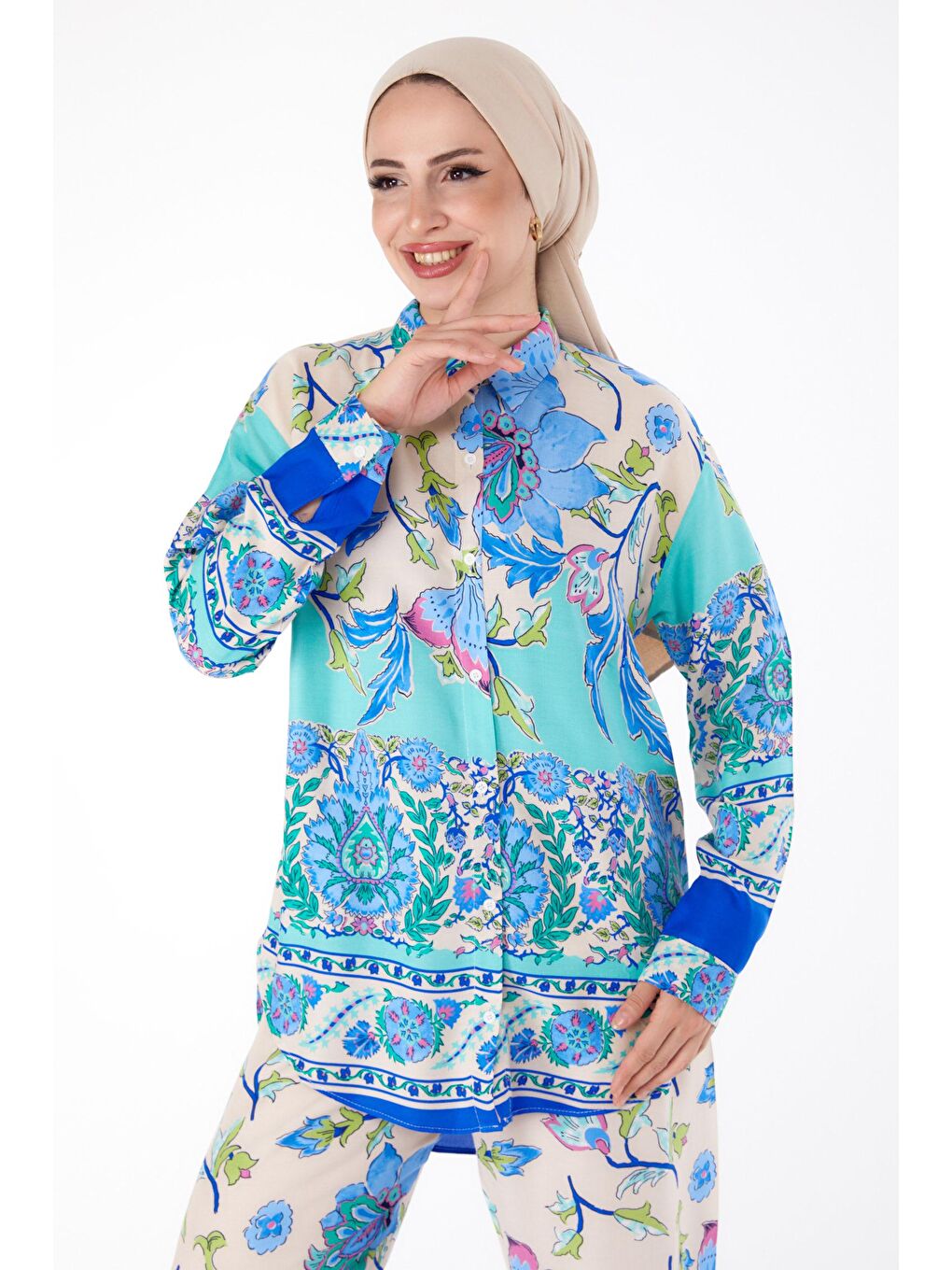Gömlek Yaka Kadın Mavi Desenli Tunik Pantolon- 25604-2