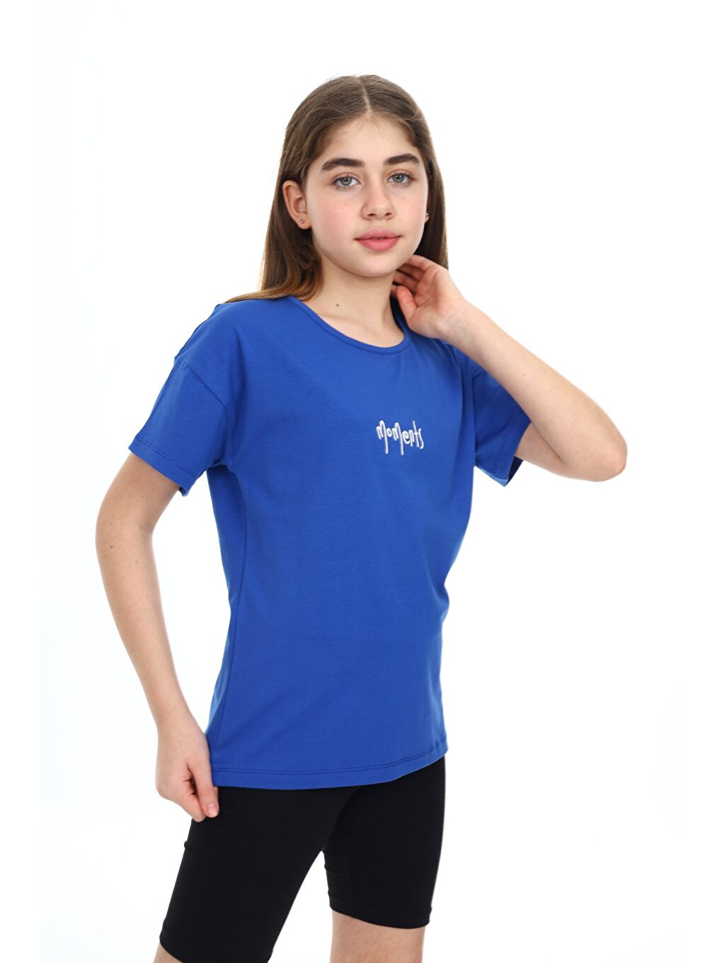 Mavi Kız Çocuk Baskılı Bisiklet Yaka Kısa Kollu Tişört-1