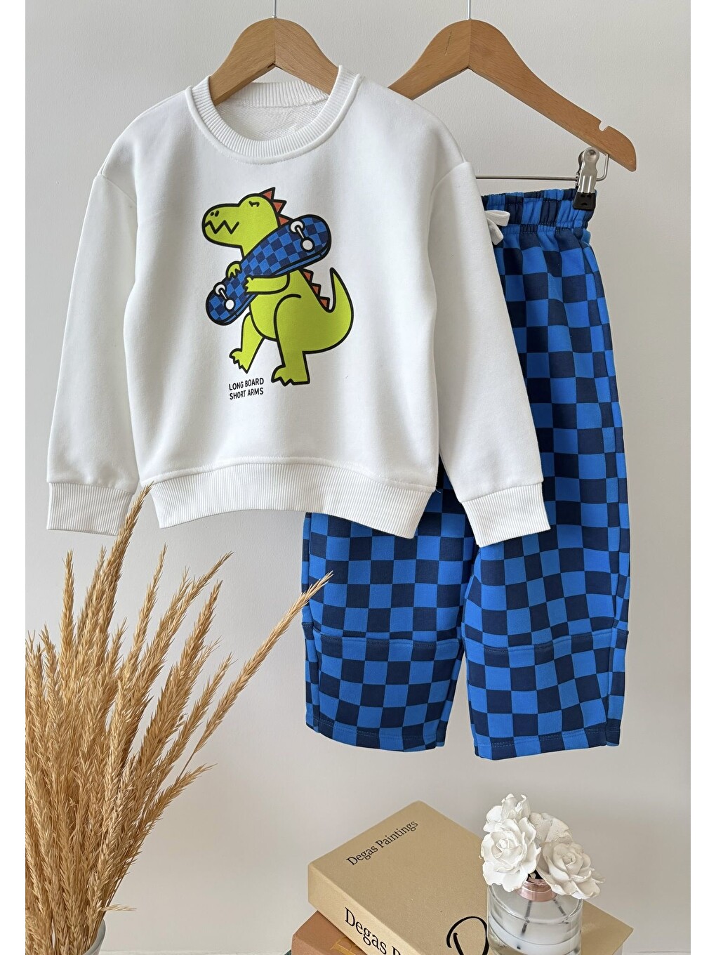 Karışık Çocuk Pamuklu Dinozor Baskılı Sweatshirt Ve Mavi Dama Eşofman Takımı-3