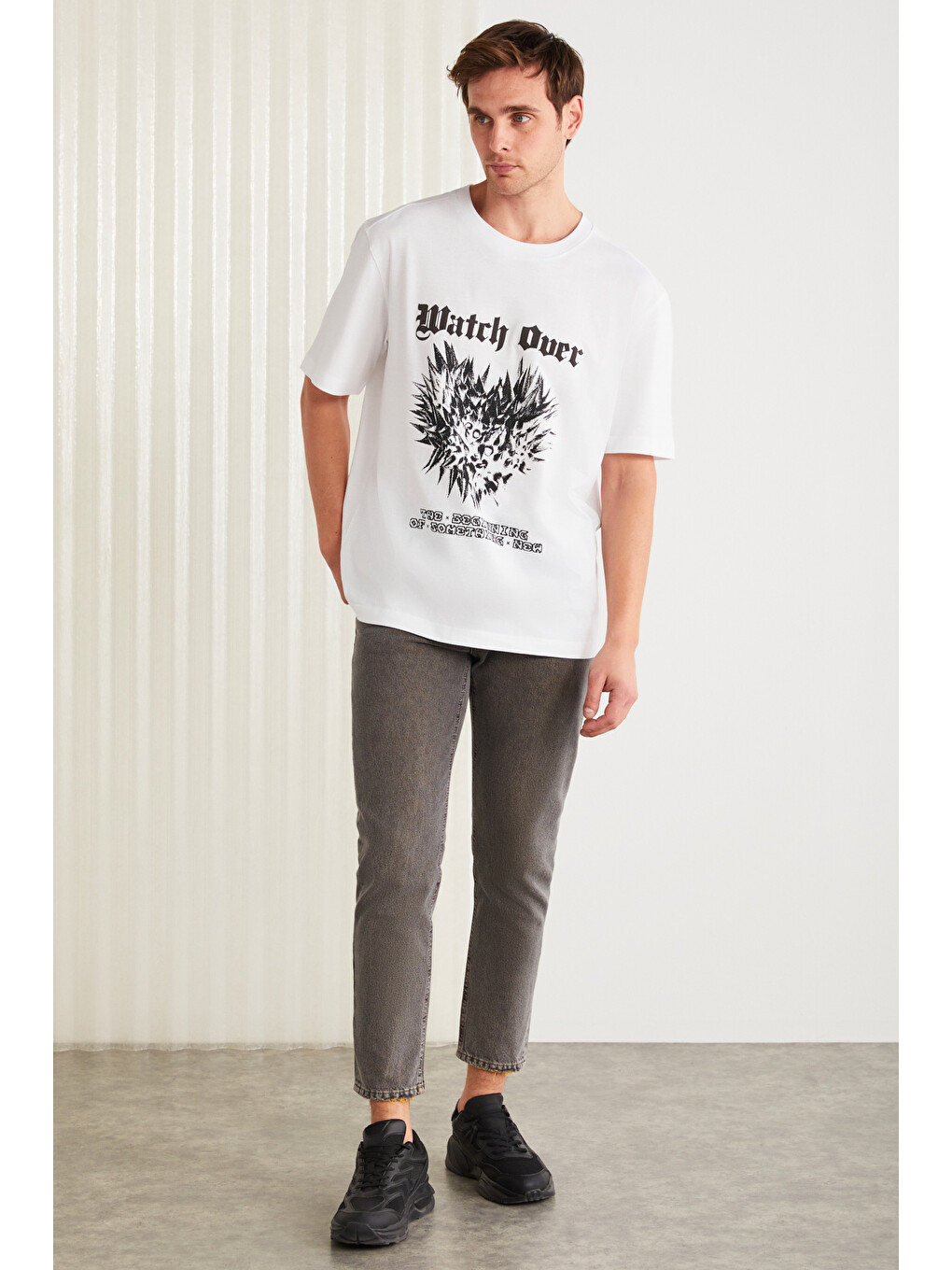 Clıent Erkek %100 Organik Pamuklu Regular Fit Baskı Detaylı Bisiklet Yaka Örme Beyaz T-shirt-3