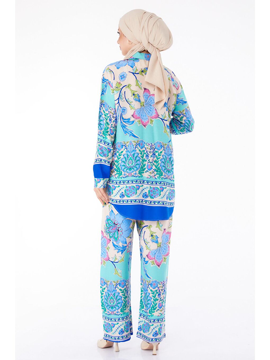 Gömlek Yaka Kadın Mavi Desenli Tunik Pantolon- 25604-4