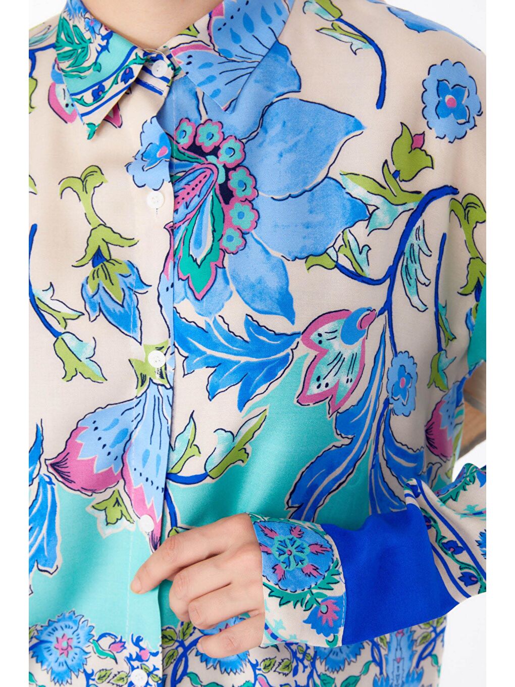 Gömlek Yaka Kadın Mavi Desenli Tunik Pantolon- 25604-5