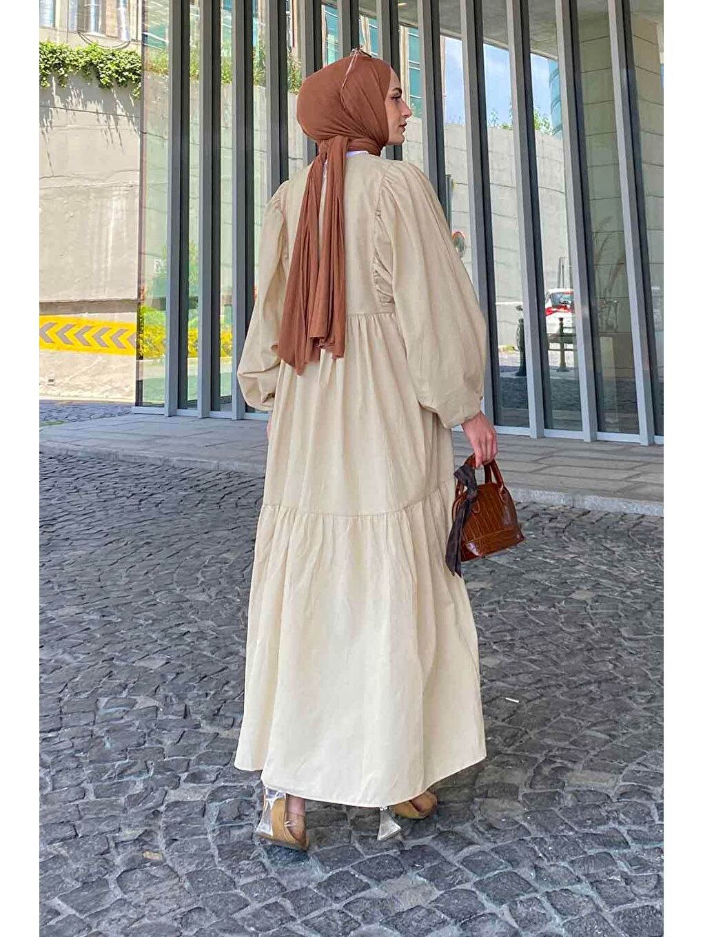 Bej Yazlık Elica Elbise Taş-3