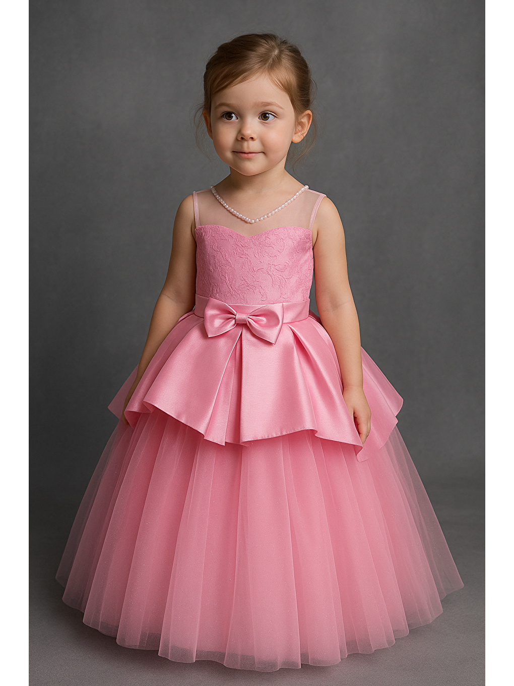Kız Çocuk Pembe Tarlatanlı Abiye Elbise - Fiyonklu Tüllü Prenses Model