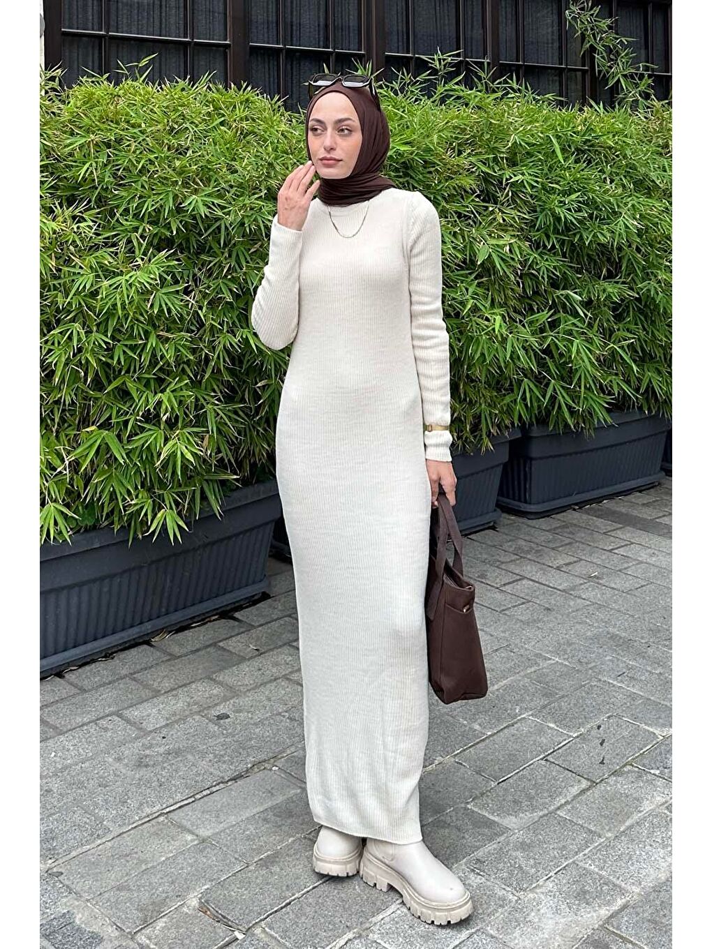 Ekru Bisiklet Yaka Triko Elbise Krem