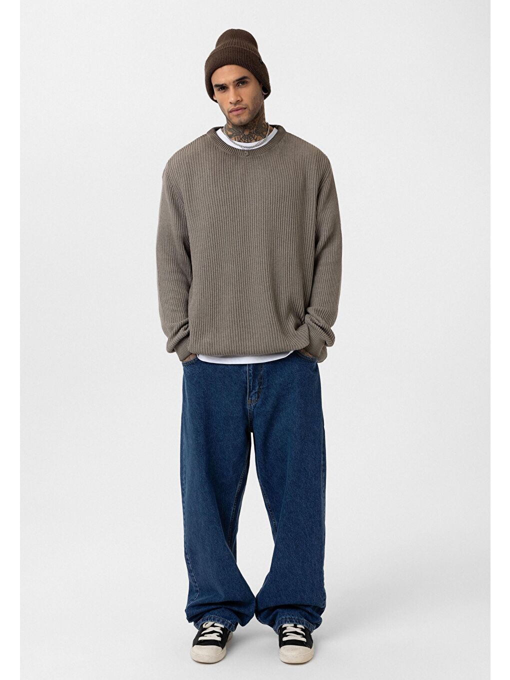 Kahverengi Oversize Yıkamalı Triko Kazak Kahve