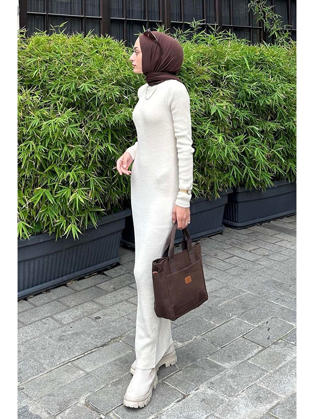 Ekru Bisiklet Yaka Triko Elbise Krem-1