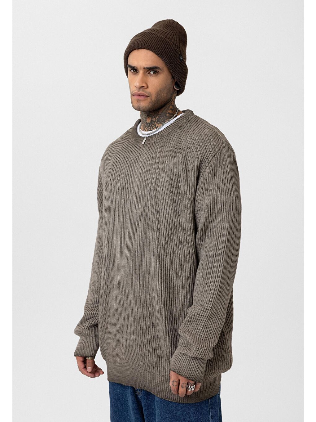 Kahverengi Oversize Yıkamalı Triko Kazak Kahve-1