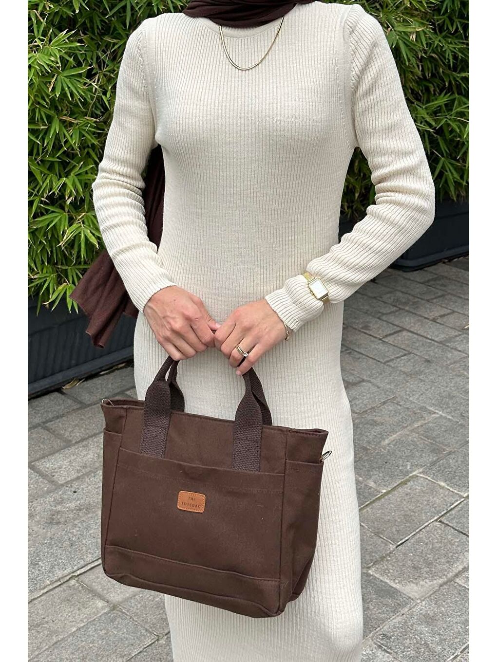 Ekru Bisiklet Yaka Triko Elbise Krem-2