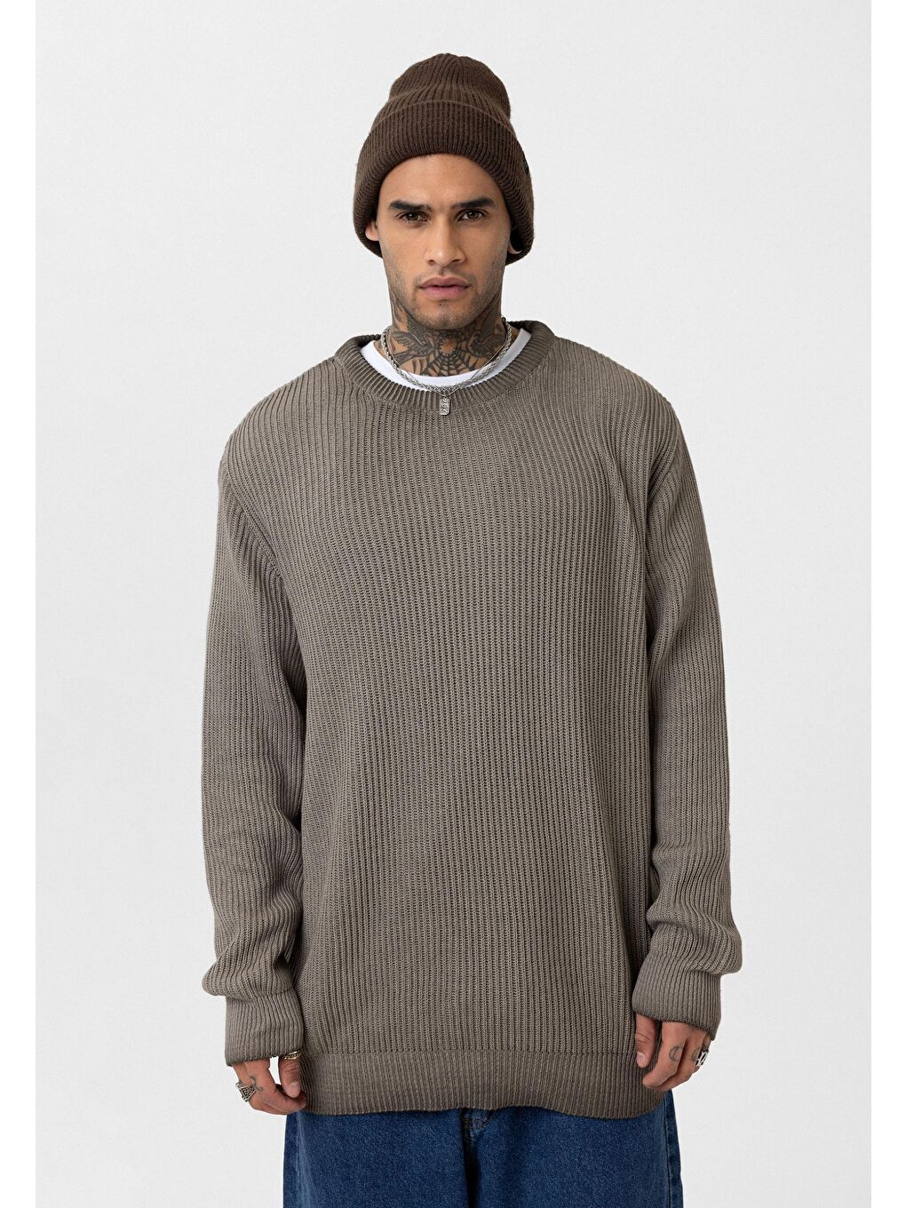 Kahverengi Oversize Yıkamalı Triko Kazak Kahve-2