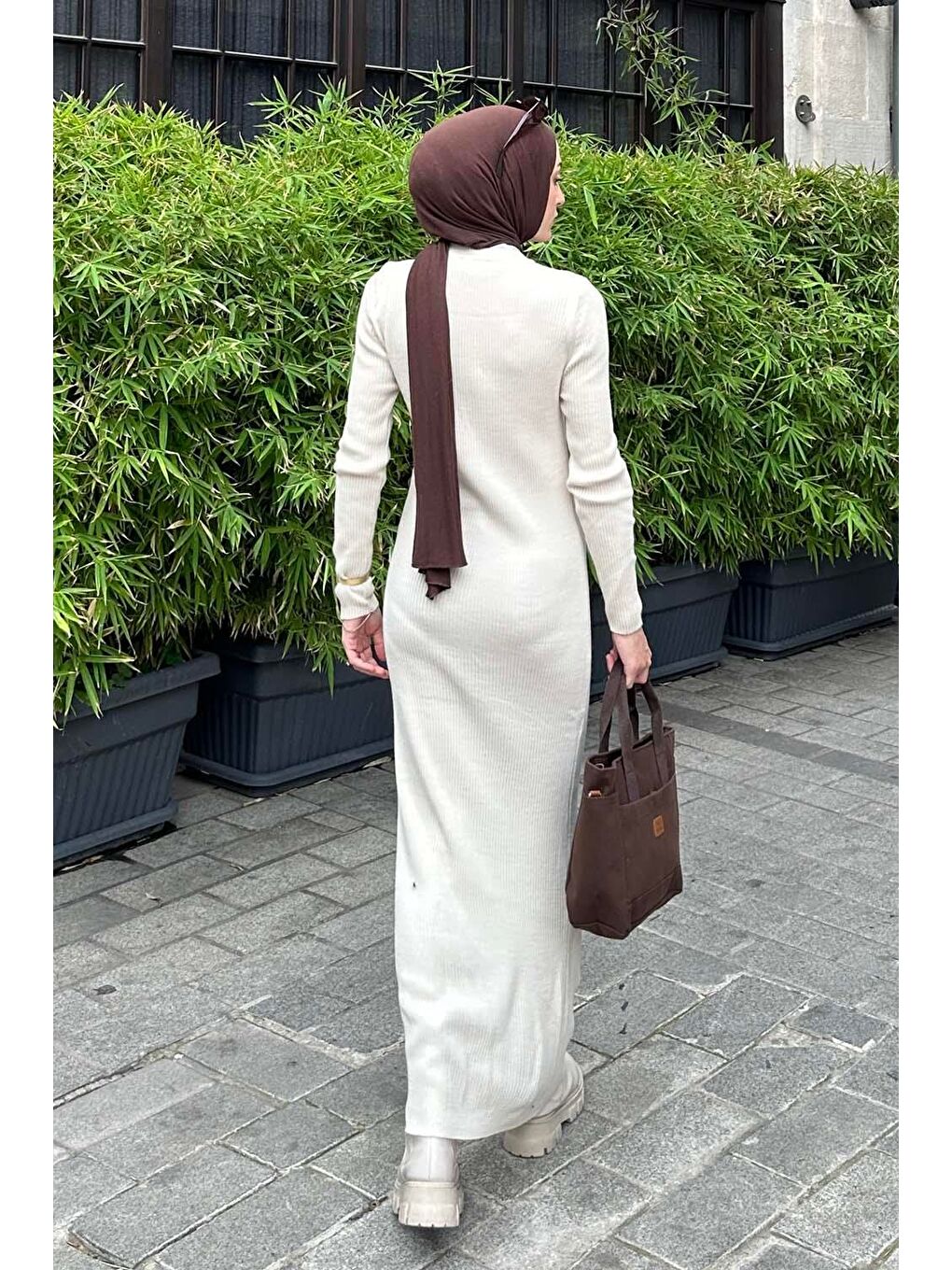 Ekru Bisiklet Yaka Triko Elbise Krem-3