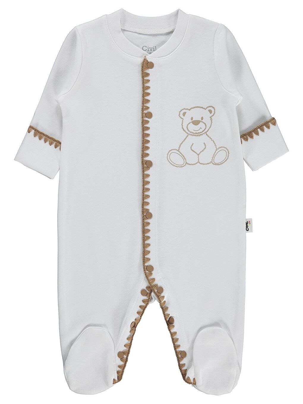 Baby Oturan Tatlı Ayı Baskılı 1-9 Ay Tulum - Ekru