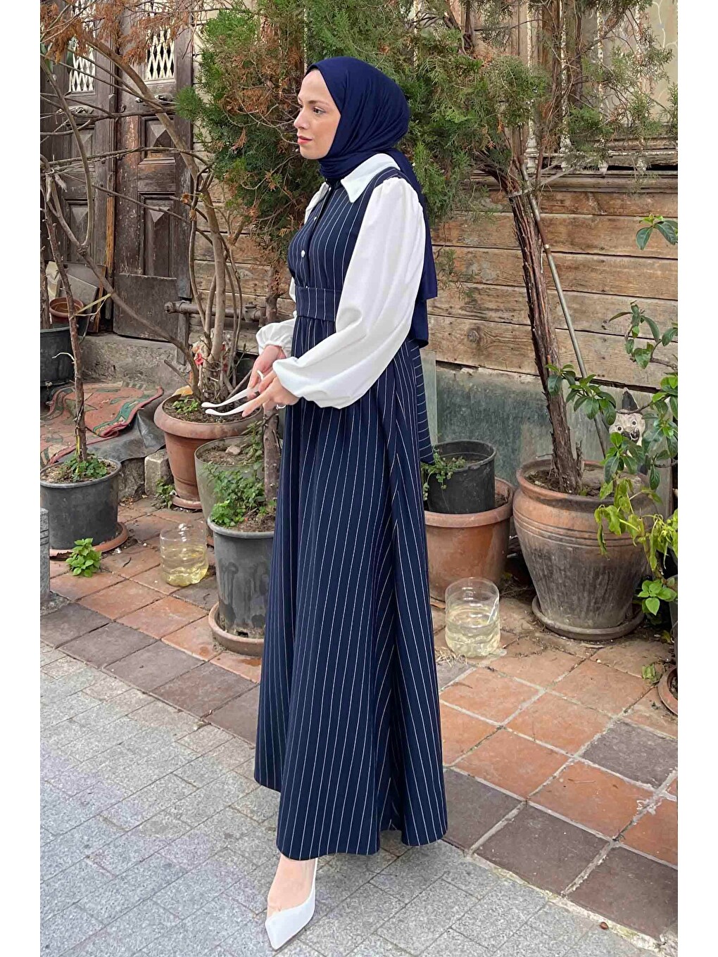 Çizgi Detaylı Garnili Elbise Lacivert-1