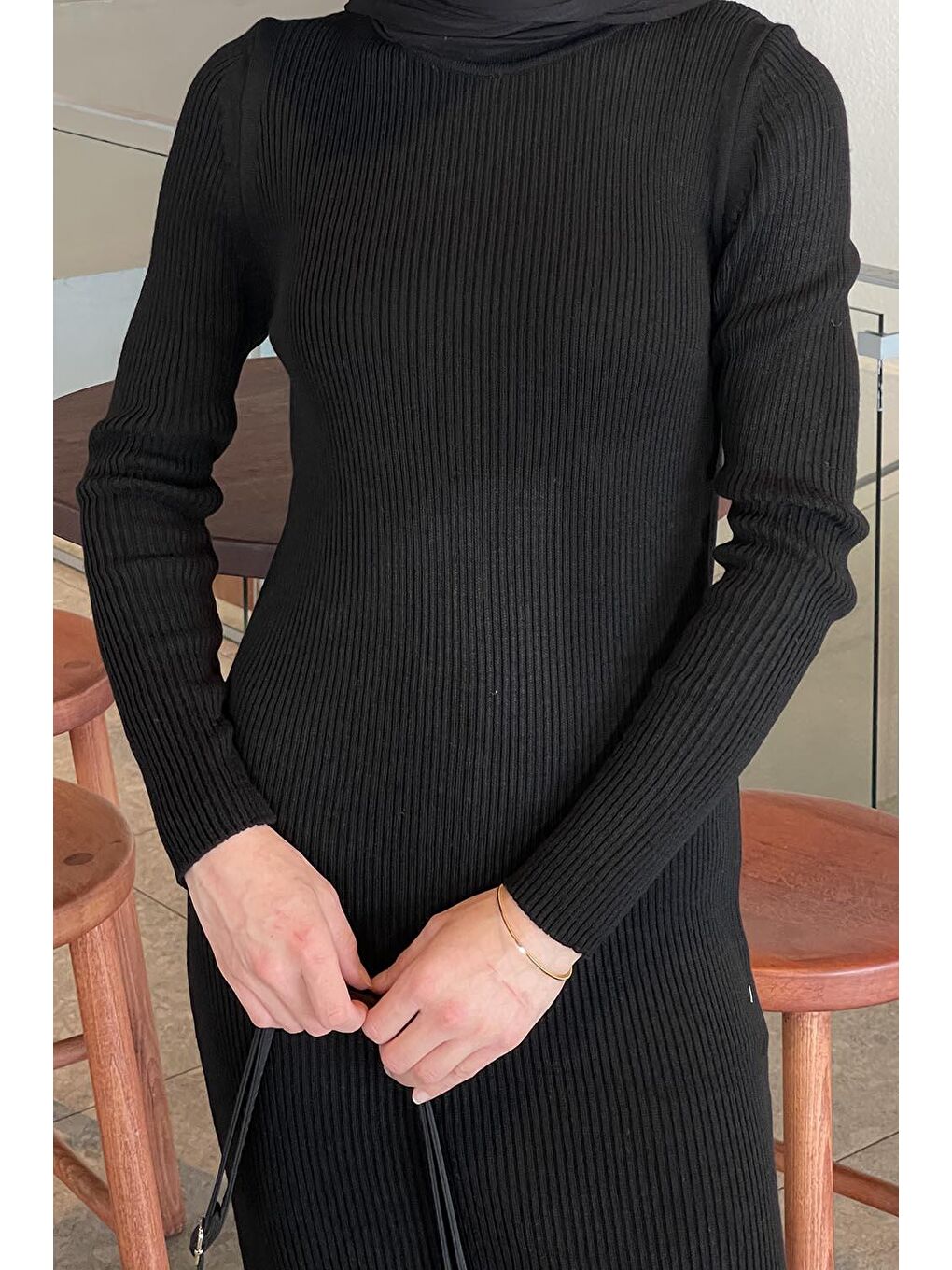 Bisiklet Yaka Triko Elbise Siyah-2