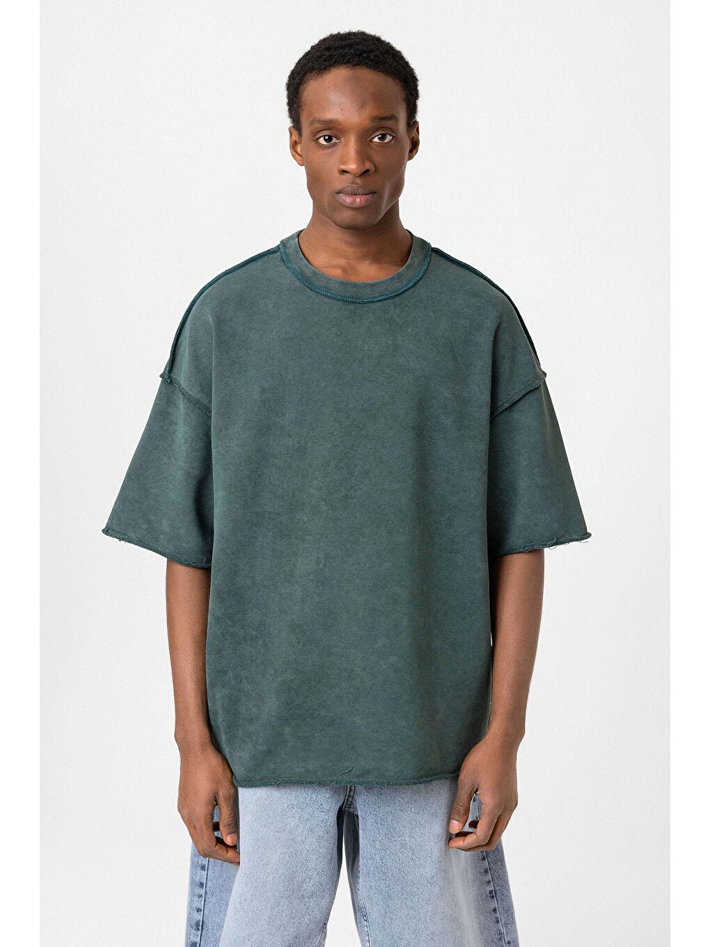 Yeşil Yıkamalı Oversize Tişört Nefti-2