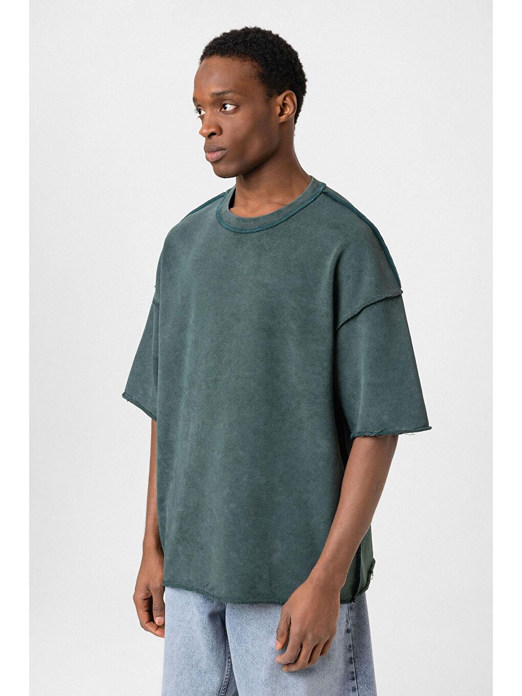 Yeşil Yıkamalı Oversize Tişört Nefti-3