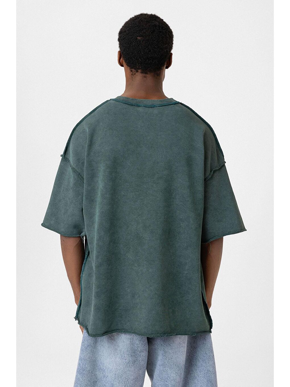 Yeşil Yıkamalı Oversize Tişört Nefti-4