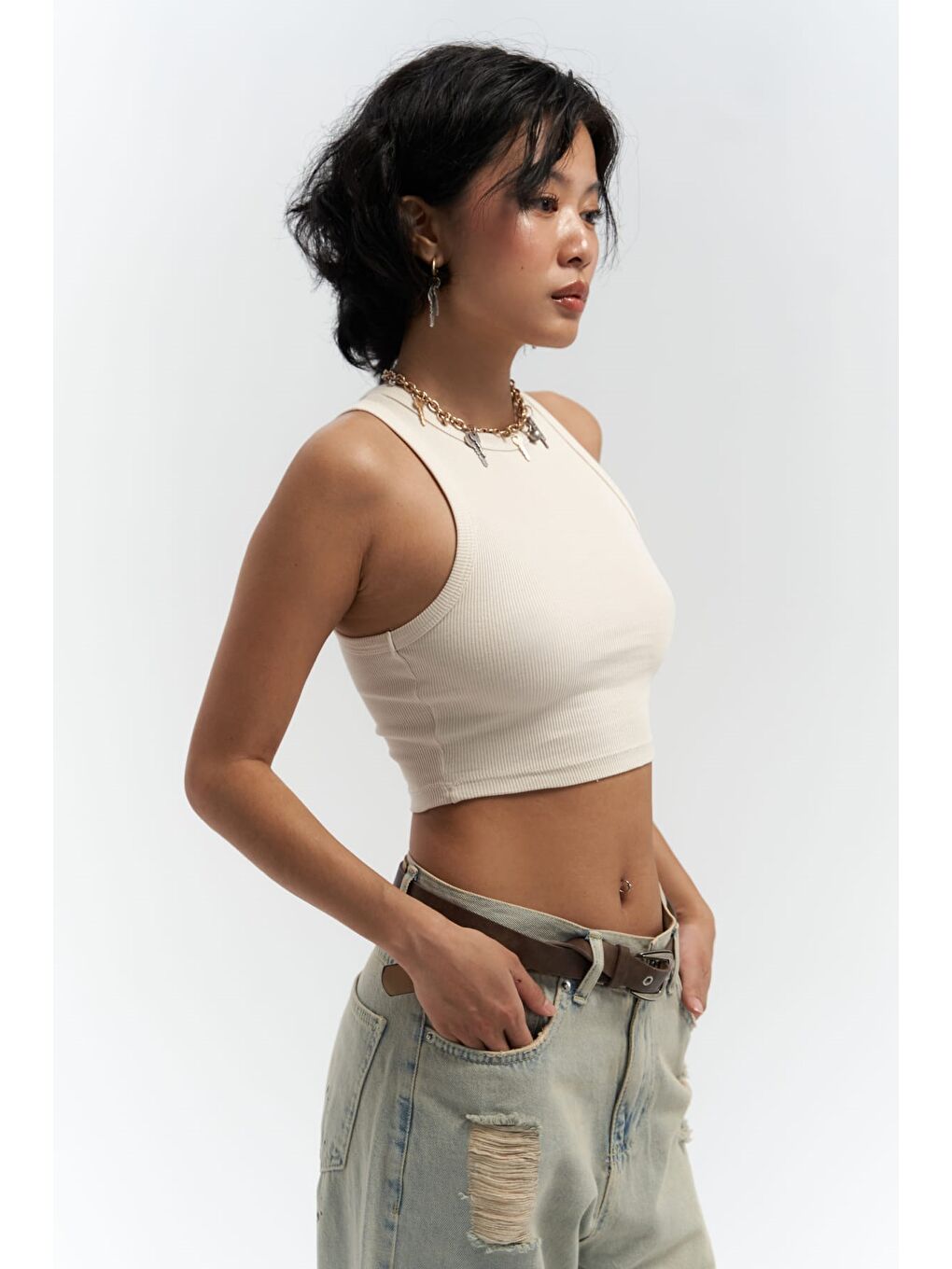 Fleur Fitilli Halter Yaka Bej Crop-6