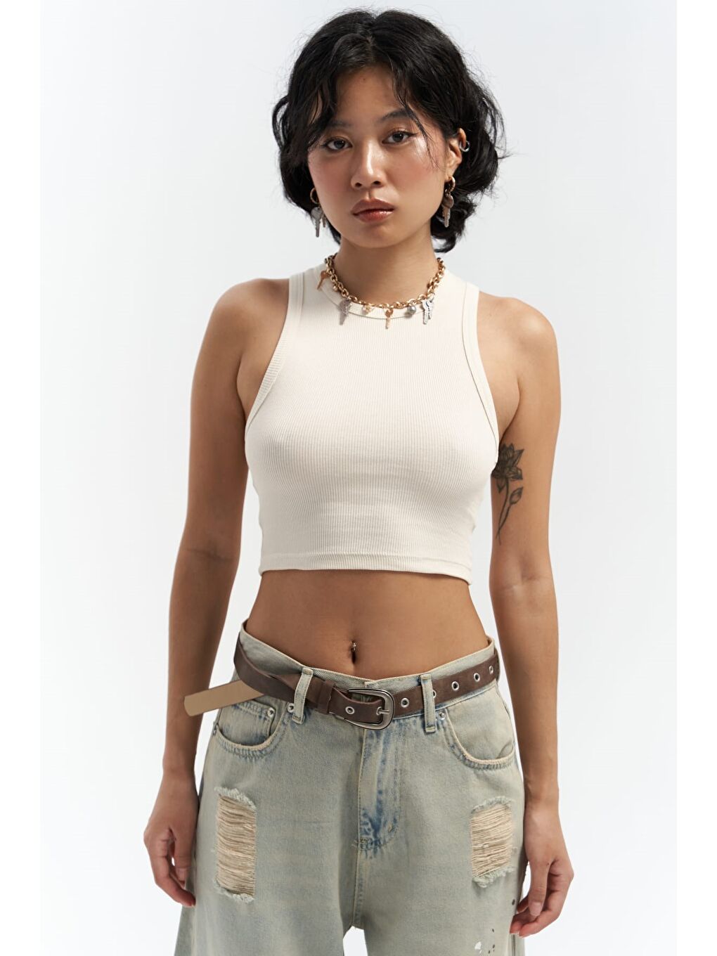 Fleur Fitilli Halter Yaka Bej Crop-7