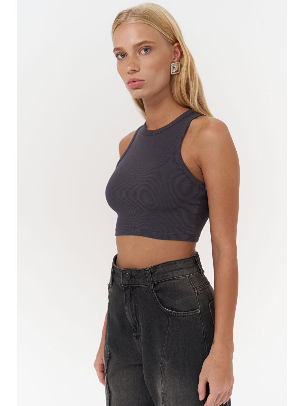 Fleur Fitilli Halter Yaka Antrasit Crop-1