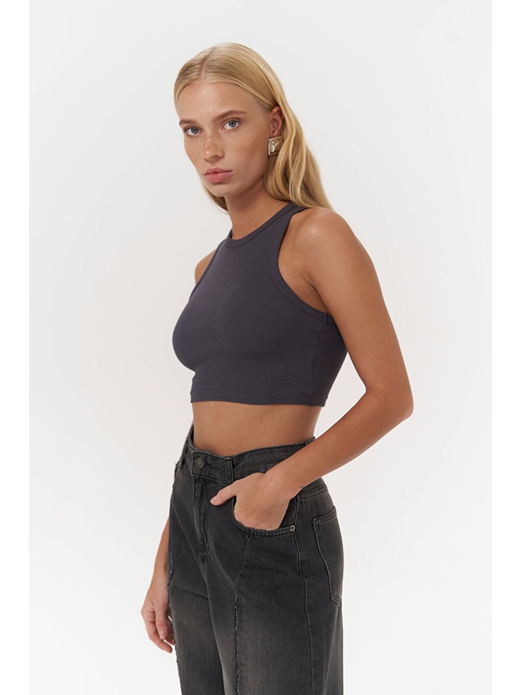 Fleur Fitilli Halter Yaka Antrasit Crop-2