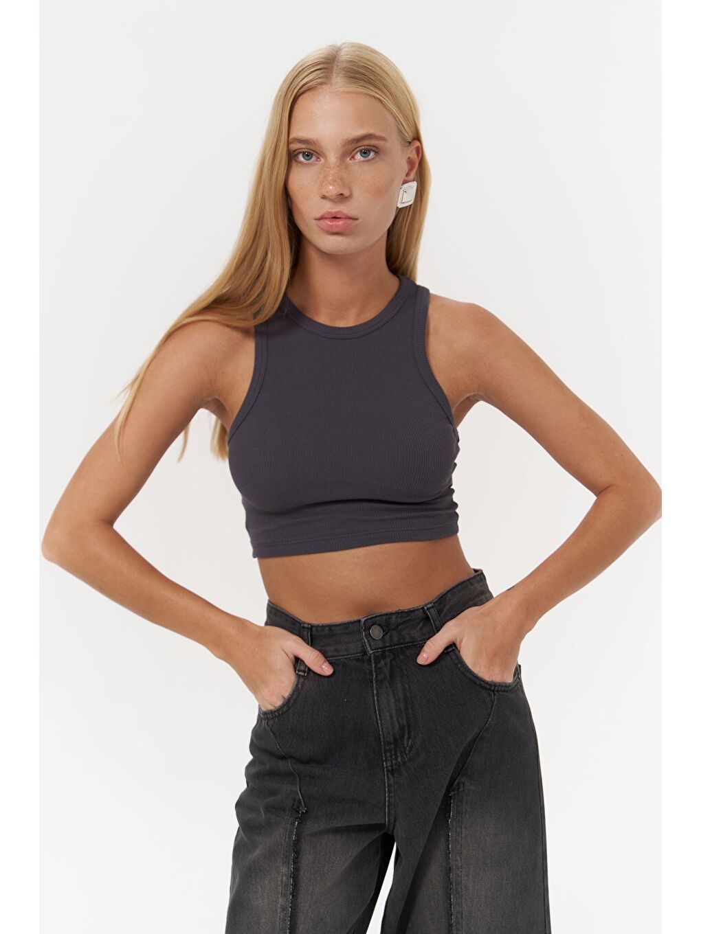 Fleur Fitilli Halter Yaka Antrasit Crop-3