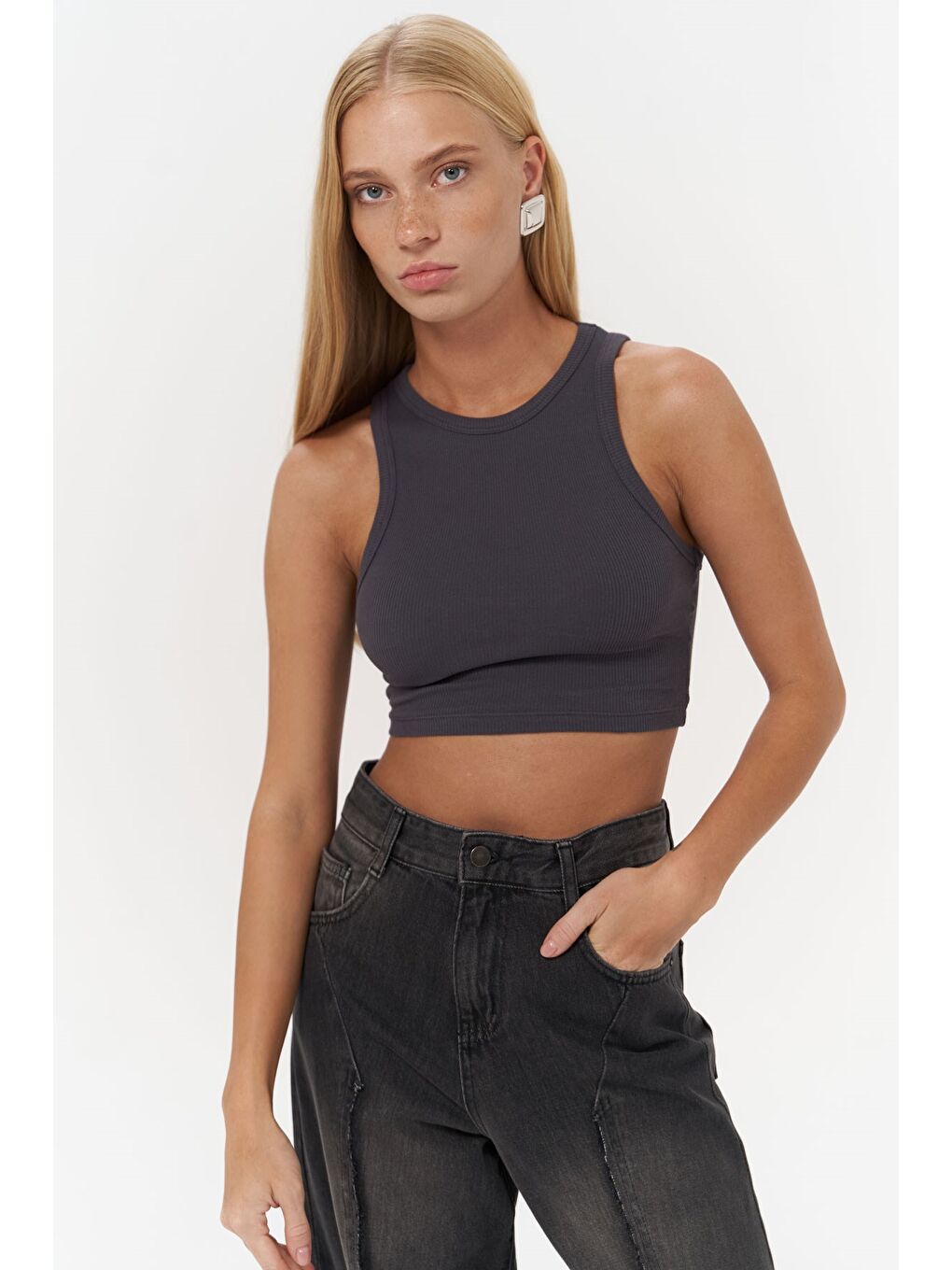 Fleur Fitilli Halter Yaka Antrasit Crop-4