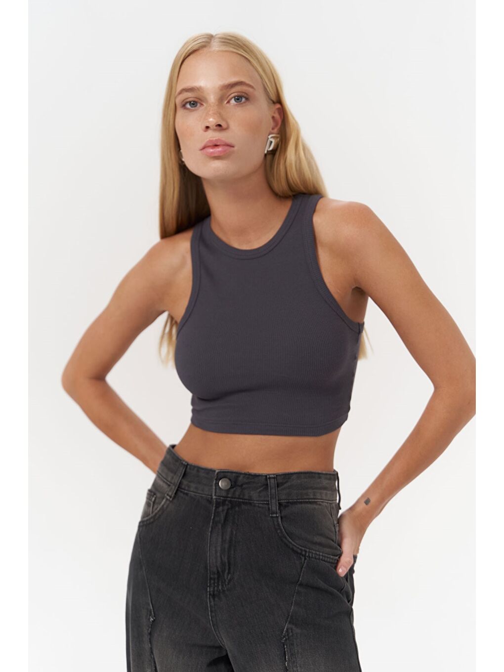 Fleur Fitilli Halter Yaka Antrasit Crop-5