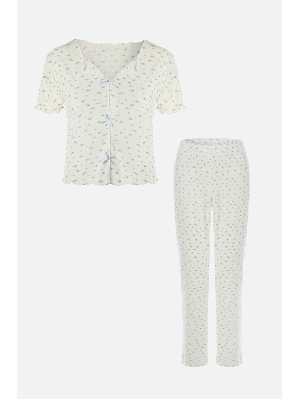 Ekru Kadın Kısa Kollu Fiyonklu İndigo Fitilli Pijama Takımı