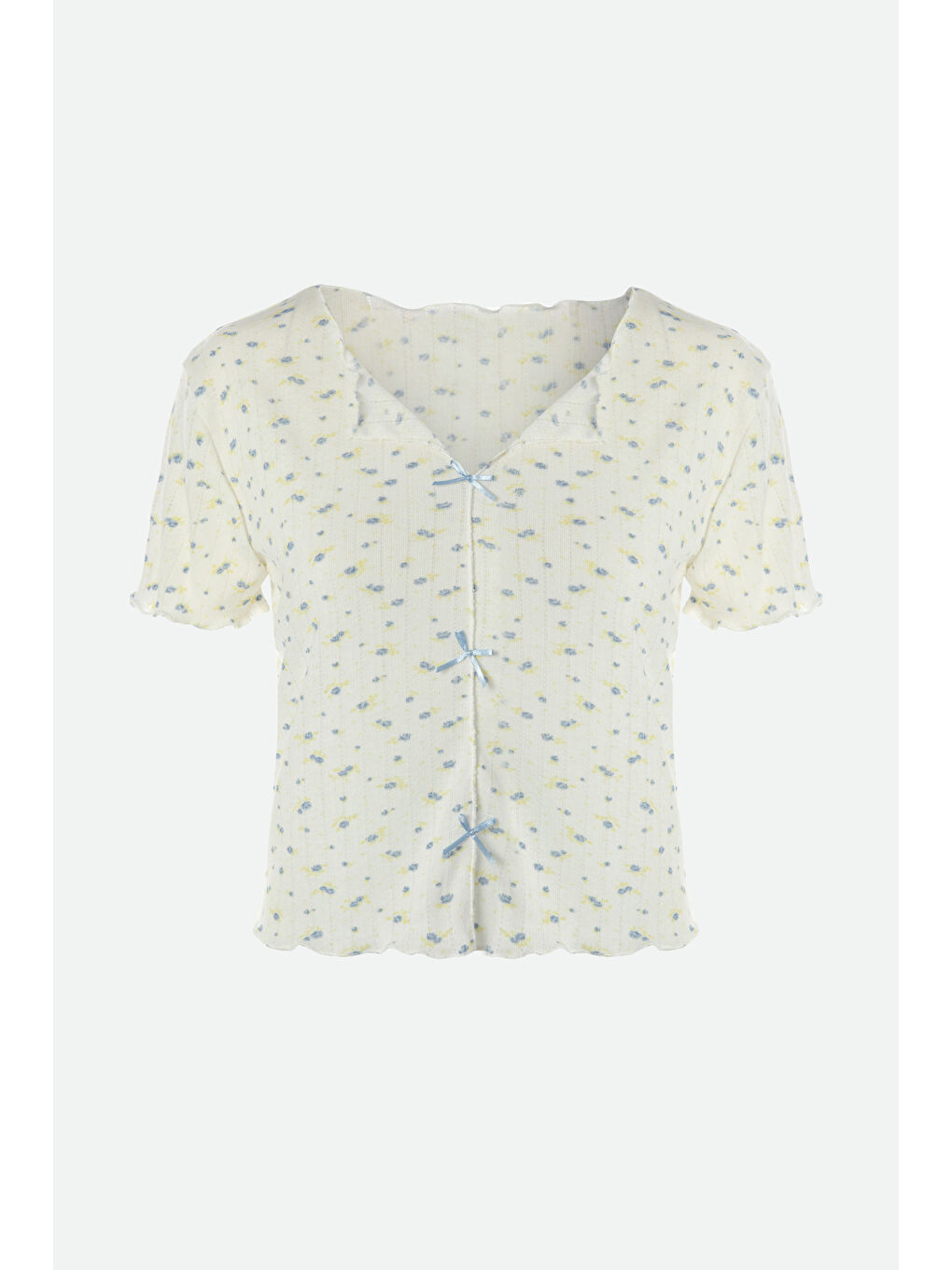 Ekru Kadın Kısa Kollu Fiyonklu İndigo Fitilli Pijama Takımı-1