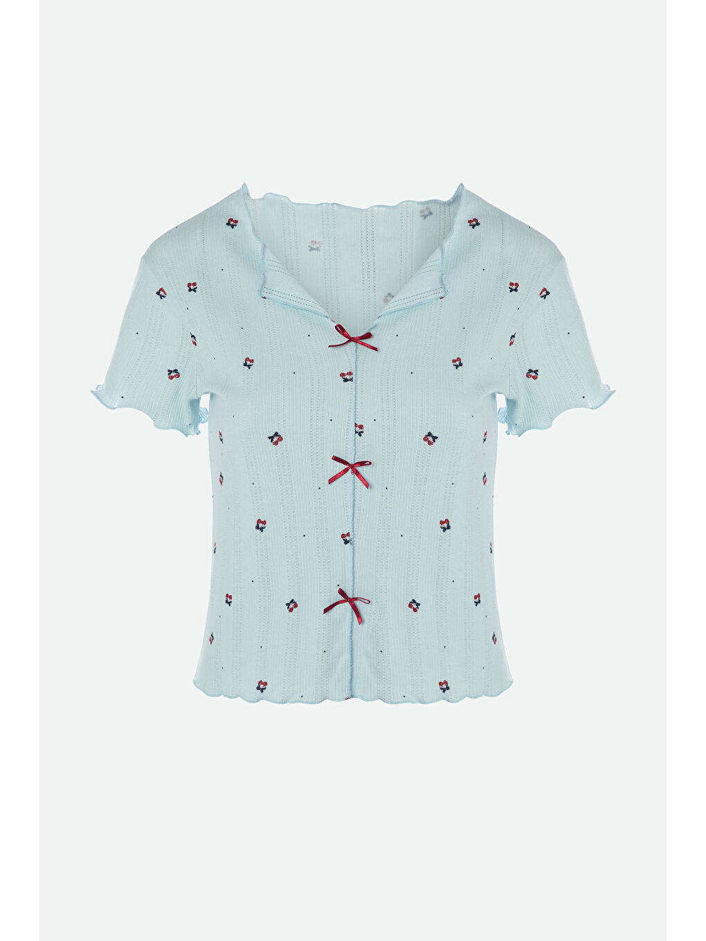 Mavi Kadın Kısa Kollu Fiyonklu İndigo Fitilli Pijama Takımı-1