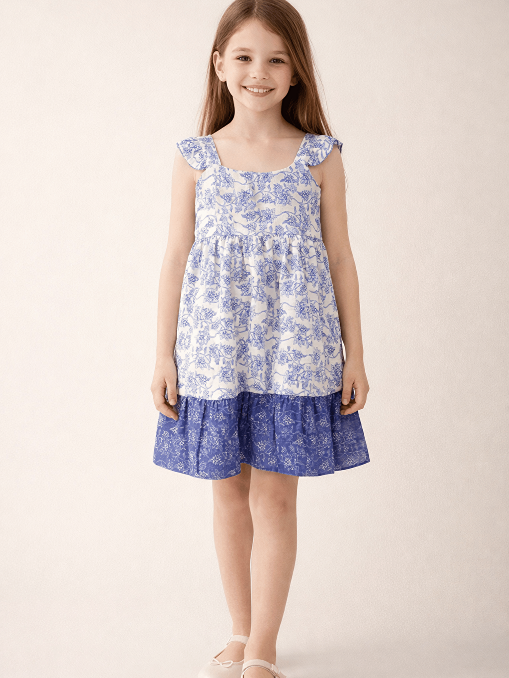 Mavi Kare Yaka Çiçek Desenli Kız Çocuk Elbise
