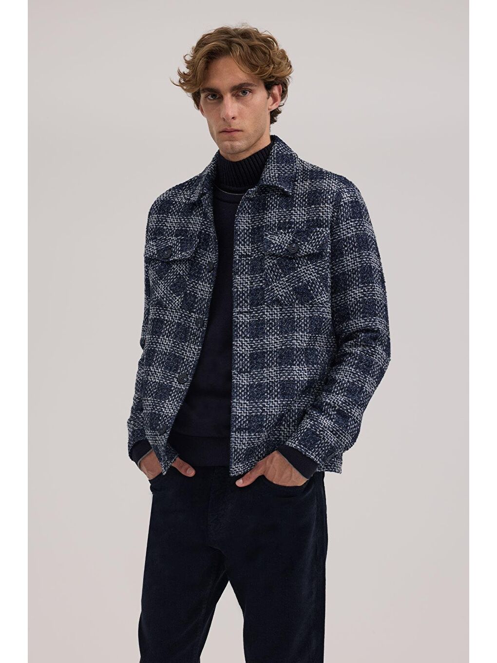 Lacivert Comfort Fit Ekoseli Gömlek Yaka Ceket