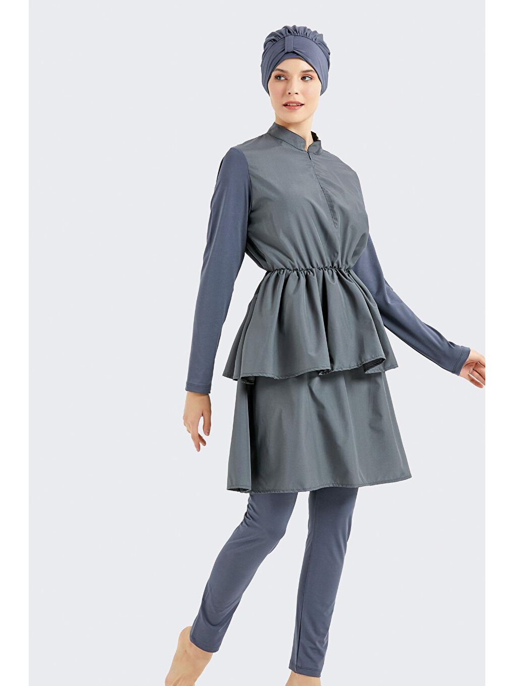 Gri Tam Kapalı 4 Lü Pileli Tesettür Mayo C14122 Füme