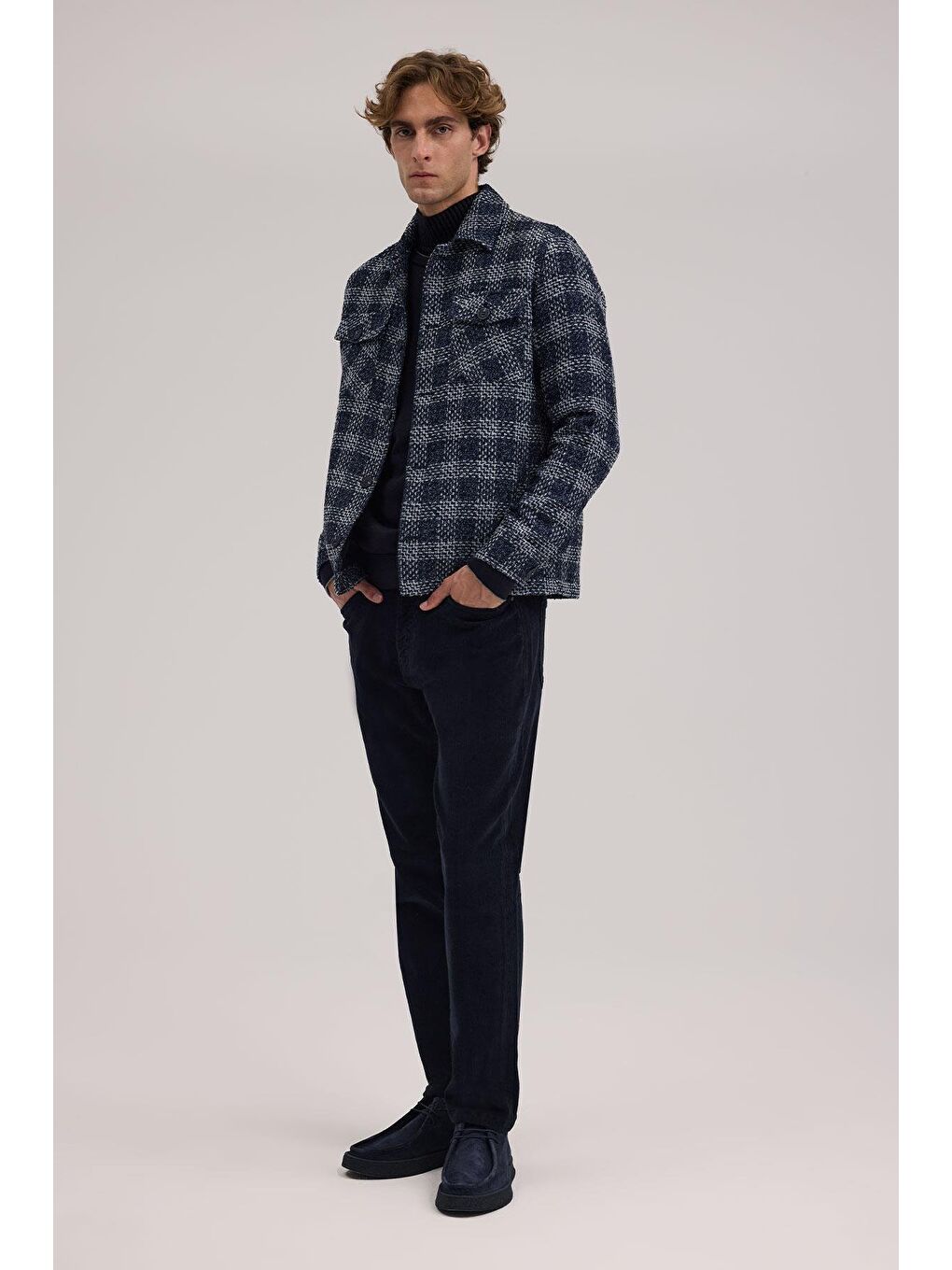 Lacivert Comfort Fit Ekoseli Gömlek Yaka Ceket-1