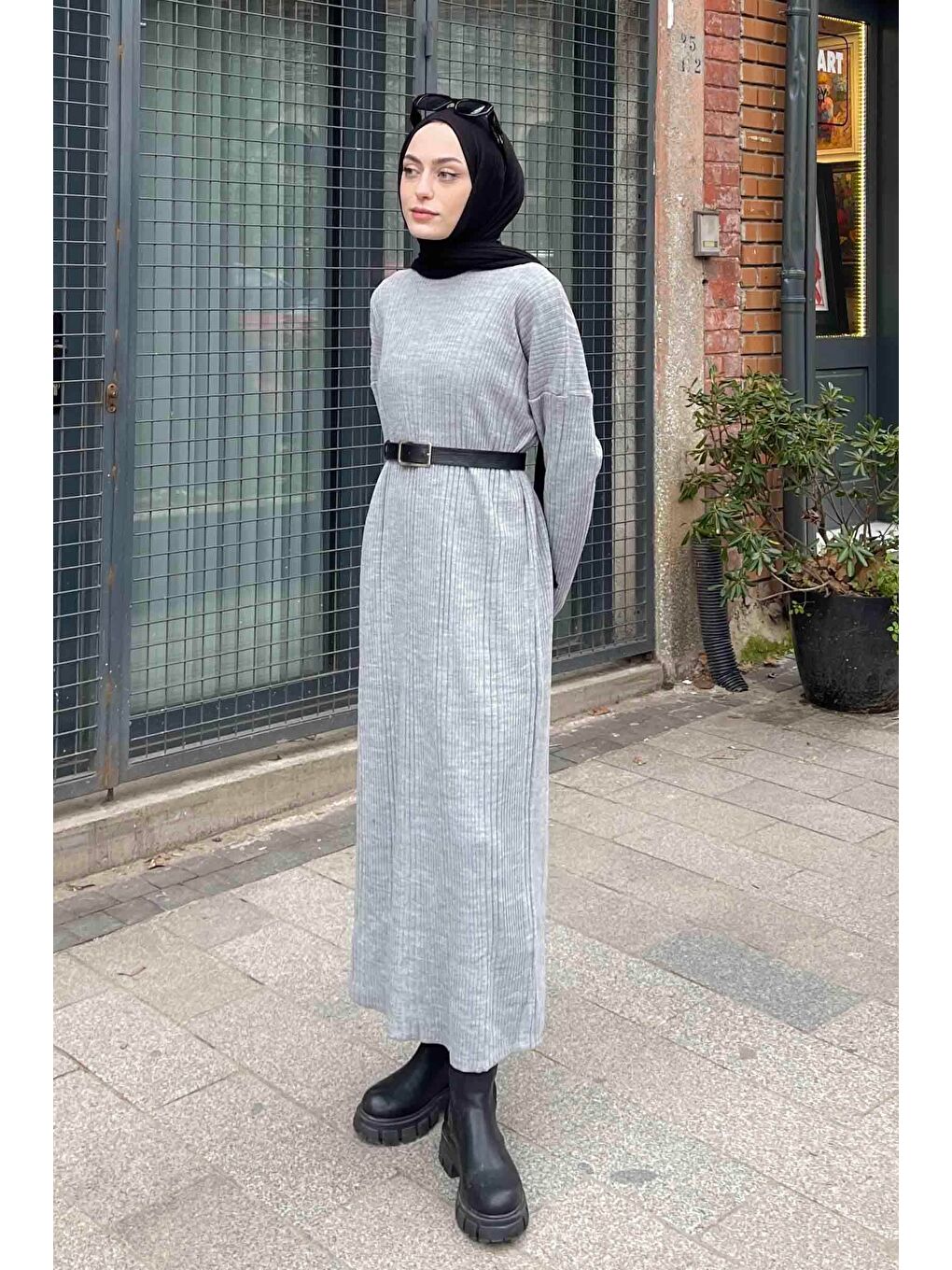 Fitilli Triko Uzun Elbise Gri-1