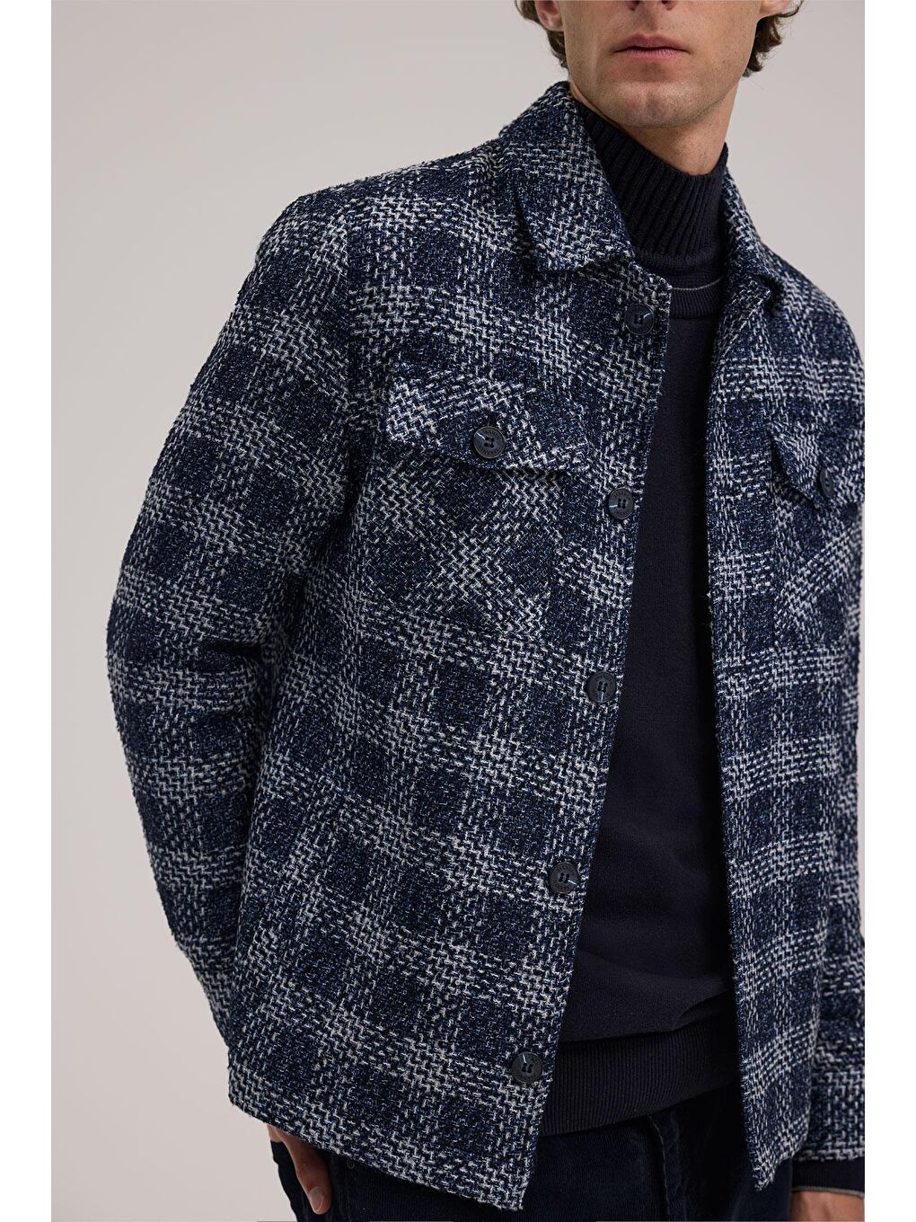 Lacivert Comfort Fit Ekoseli Gömlek Yaka Ceket-2