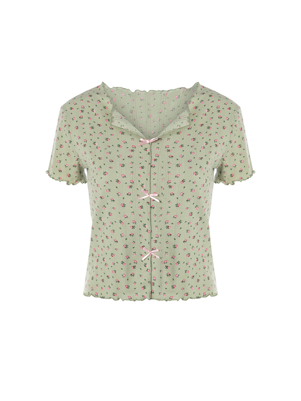 Yeşil Kadın Kısa Kollu Fiyonklu İndigo Fitilli Pijama Takımı-1