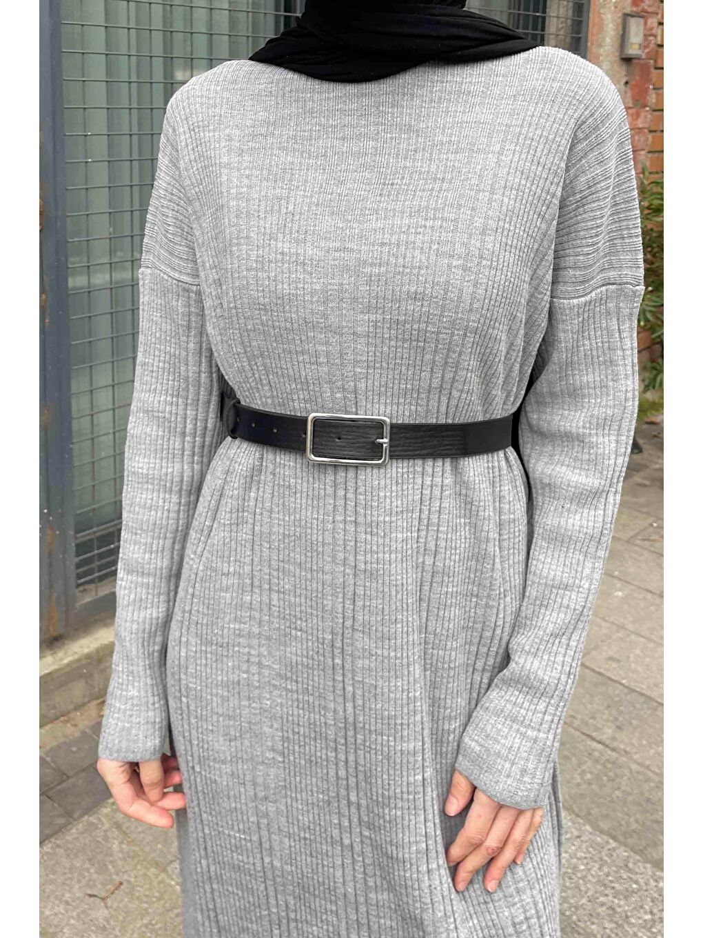 Fitilli Triko Uzun Elbise Gri-2