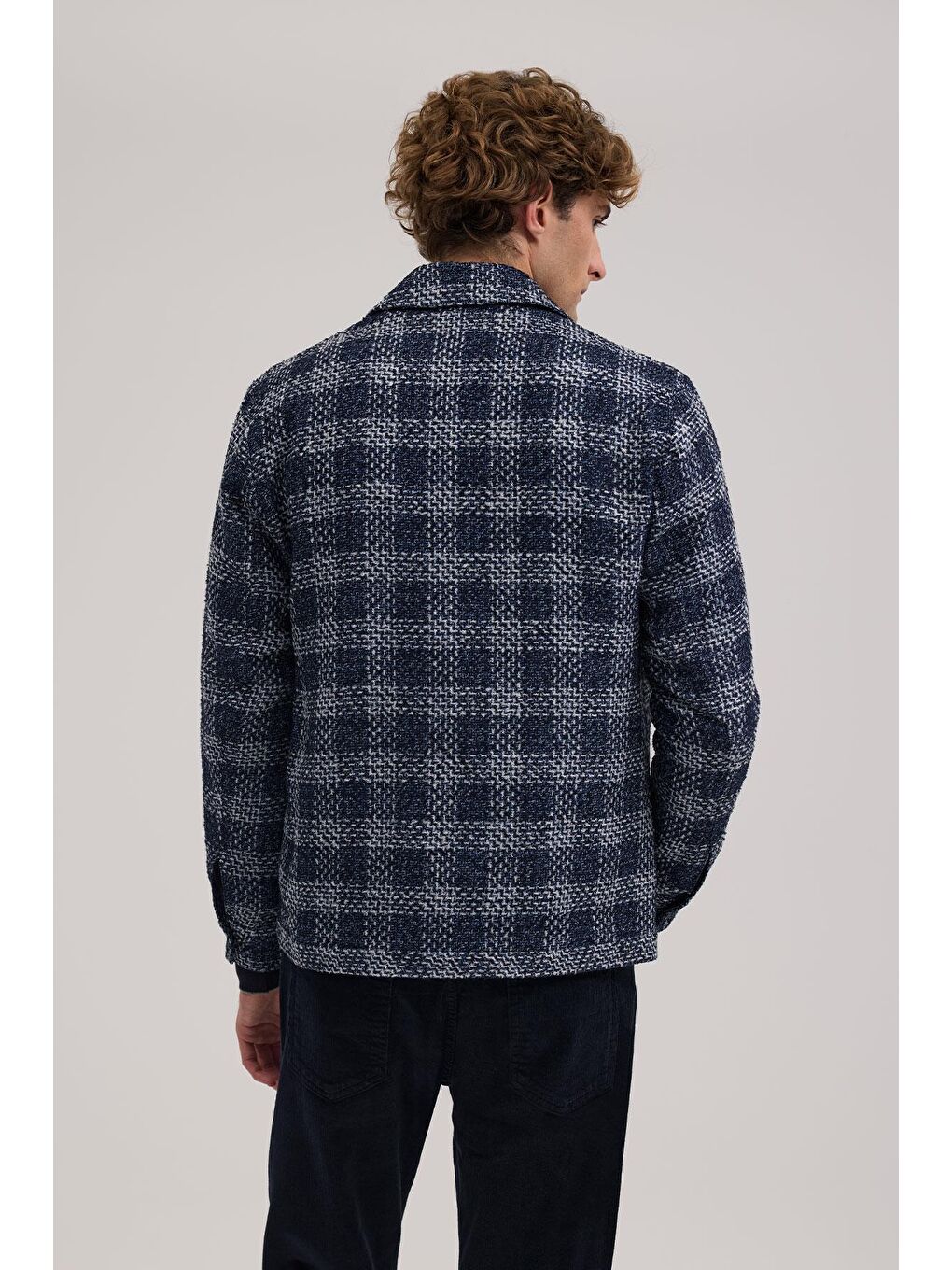 Lacivert Comfort Fit Ekoseli Gömlek Yaka Ceket-3