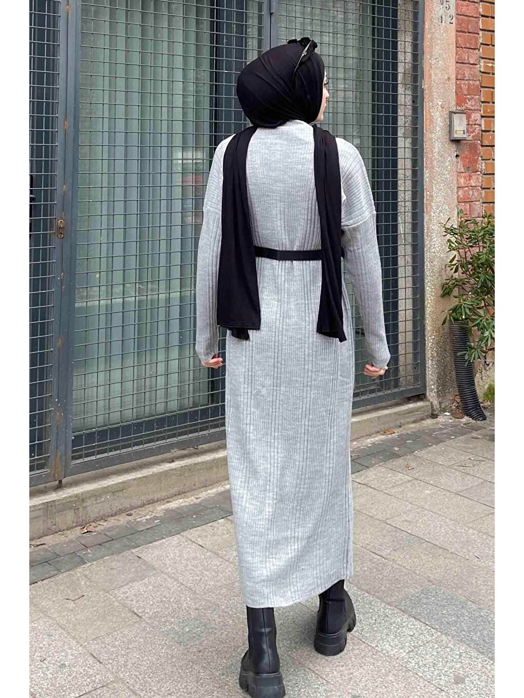 Fitilli Triko Uzun Elbise Gri-3